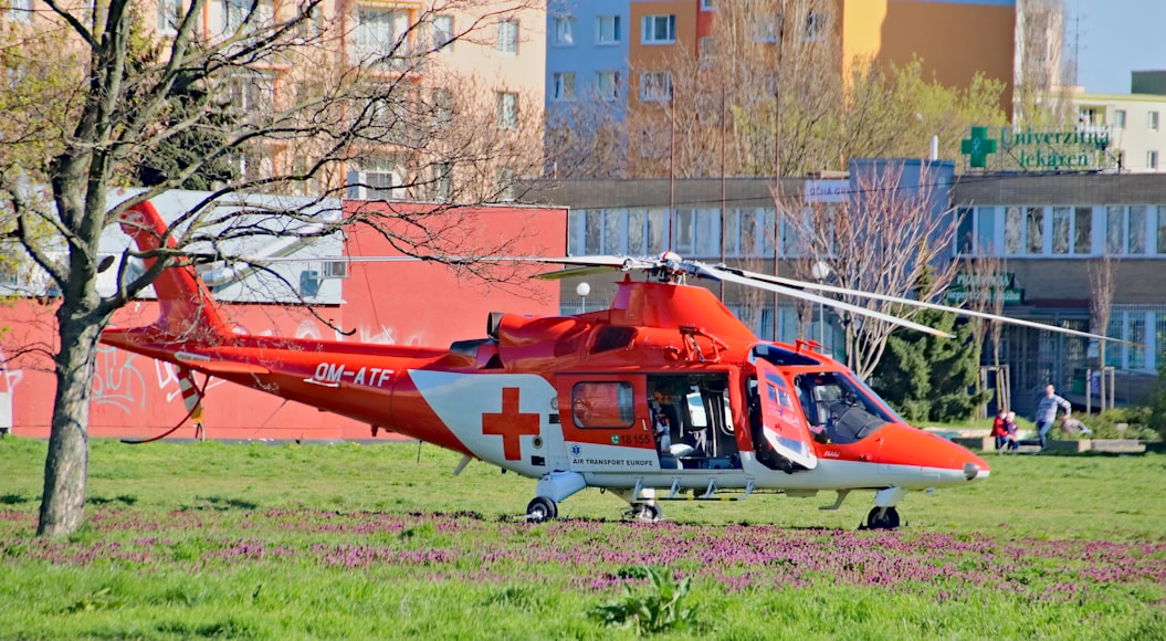 Helicopter ambulance flying over a landscape